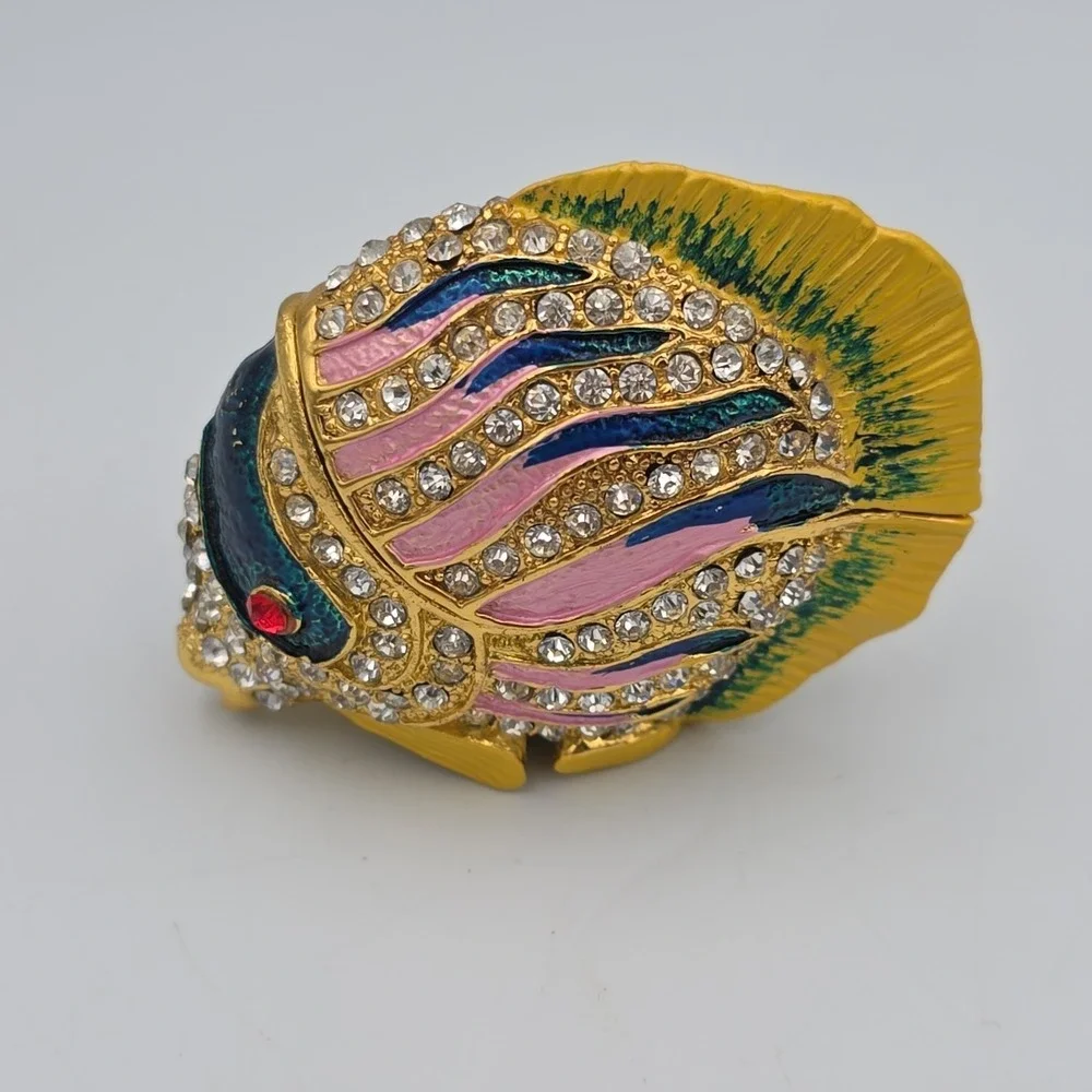 Vintage Colorful Puffer Fish Trinket Box Metal Enamel White Stone